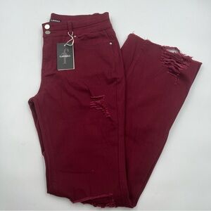 Women’s burgundy Flamingals double button flared jeans SZ Large. distressed NWT